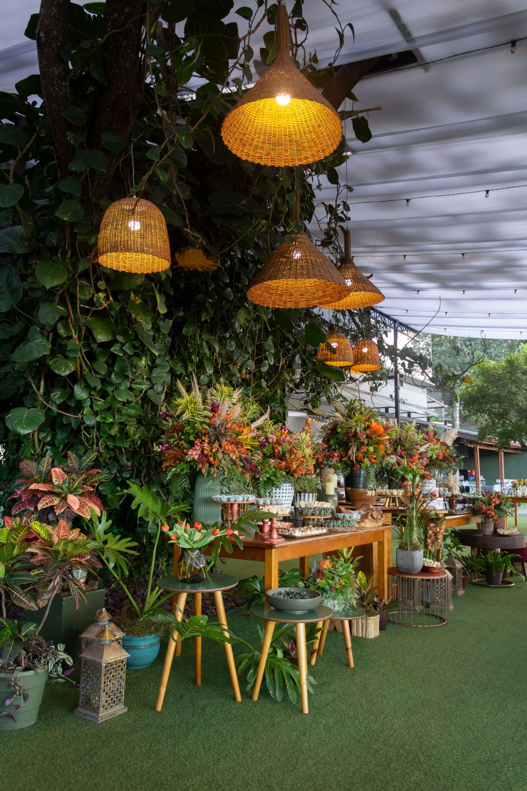 Cone and bell shaped woven rattan pendant lights glowing among tropical plants beneath a white canopy.